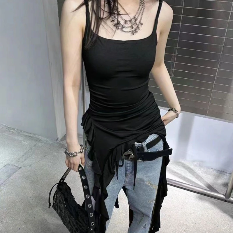 

Deeptown Sexy Tank Top Asymmetrical Black Y2k Women Ruffle Grunge Backless Coquette Fashion Streetwear Tops Solid Aesthetics