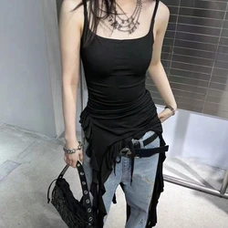 Deeptown Sexy Tank Top Asymmetrical Black Y2k Women Ruffle Grunge Backless Coquette Fashion Streetwear Tops Solid Aesthetics