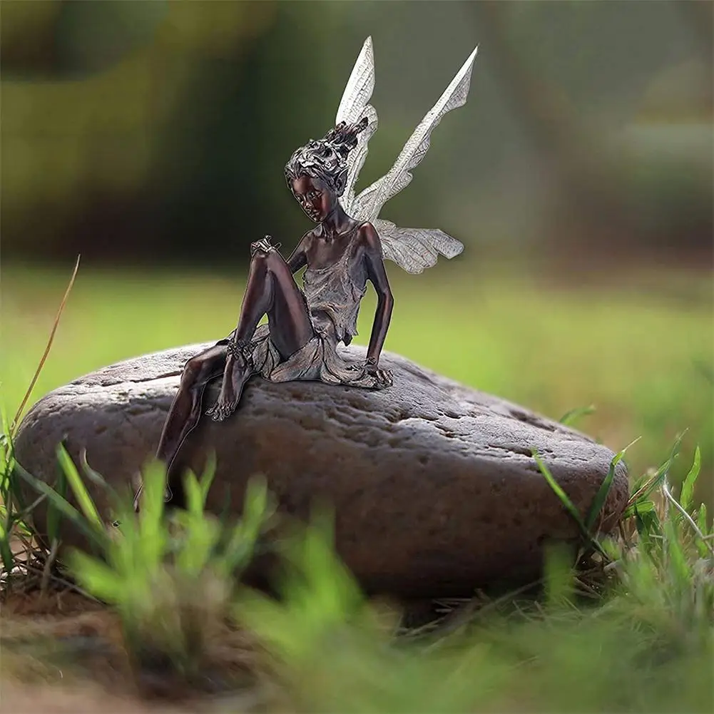 Estatua de resina de Hada de las flores, decoración para jardín al aire libre, Ángel, chica sentado, escultura artesanal, paisajismo, adorno artístico para patio