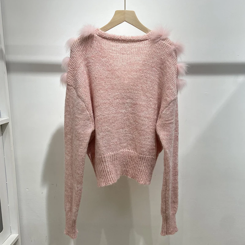 Women Spring Thin Real Fox Fur Outside Decoration Lady's Autumn Pink Sweater Knitted Button Coat