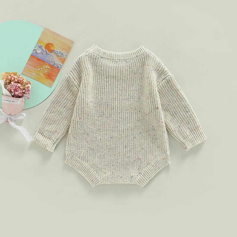 Newest Newborn Baby Knitted Long Sleeve Autumn Winter Sweater Romper, O-Neck Solid Color Speckled Crotch Button Bodysuit, 0-24M