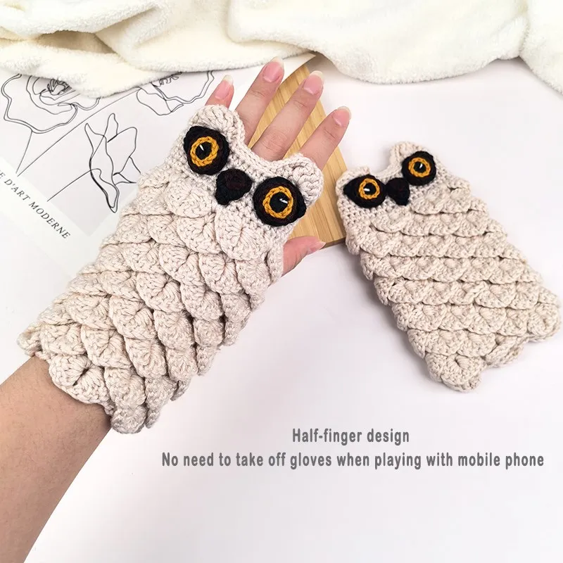 Hand Knitted Owl Gloves Short Jacquard Half Finger Knit Touch Screen Glove Ladies Autumn Winter Warm Fingerless Animal Mittens