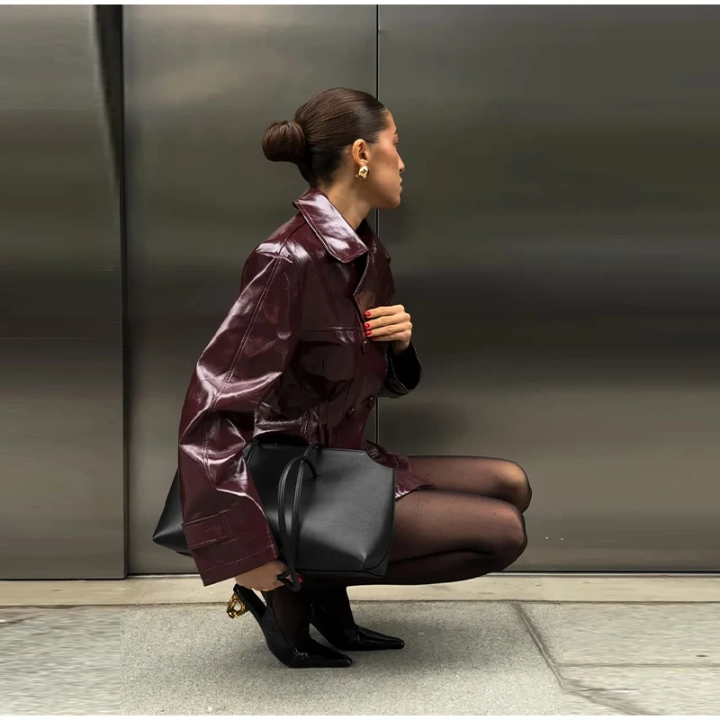 Solid PU Leather Women's Jacket Mini Skirt Set Lapel Neck Full Sleeve Double Breasted Coat Suit 2025 Autumn Stylish Edgy Outfit
