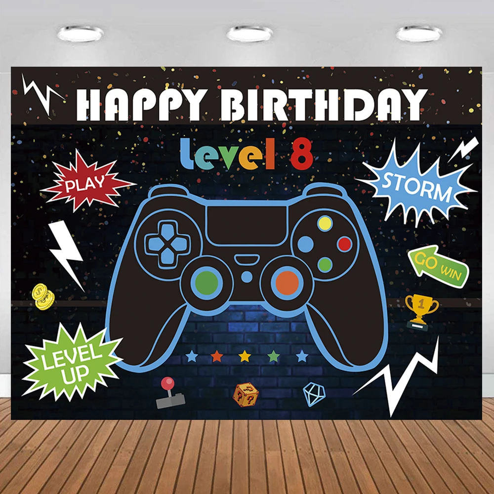 Vedio Game Backdrop Boys Happy Birthday Party Decoration Kids Level Up Gaming Theme Vinyl Backgrounds Photo Props Wall Decor