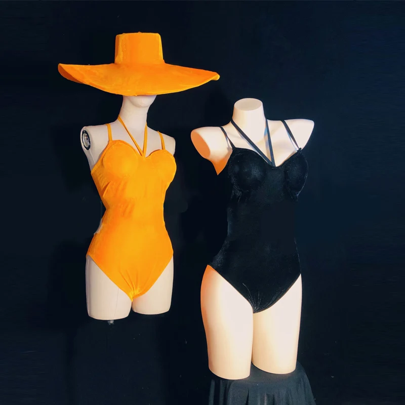 

Retro Nightclub Gogo Dance Costume Velvet Bodysuit Hat Pole Dance Clothes Jazz Dancing Stage Dancewear Rave Outfit VDB5411