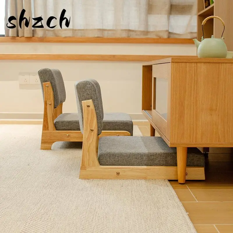 Japanese Style Solid Wood Floor Chair Low Backrest Tatami Seat for Bay Window Tea Room Meditation Stool with Comfortable Cushion