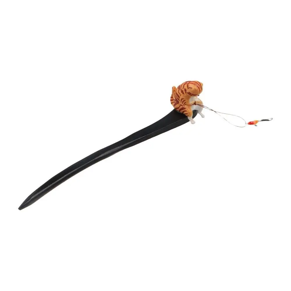 Cat Fishing Wooden Hair Stick Black Sandalwood Tassel Hanfu Hairpin Hanfu Headwear Hair Chopstick Cheongsam Accessories