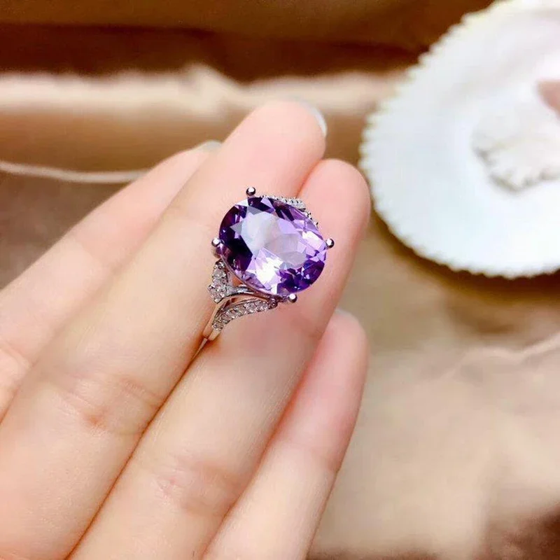 Original design diamond amethyst ladies ring oval cut surface adjustable sparkling light luxury charm silver jewelry