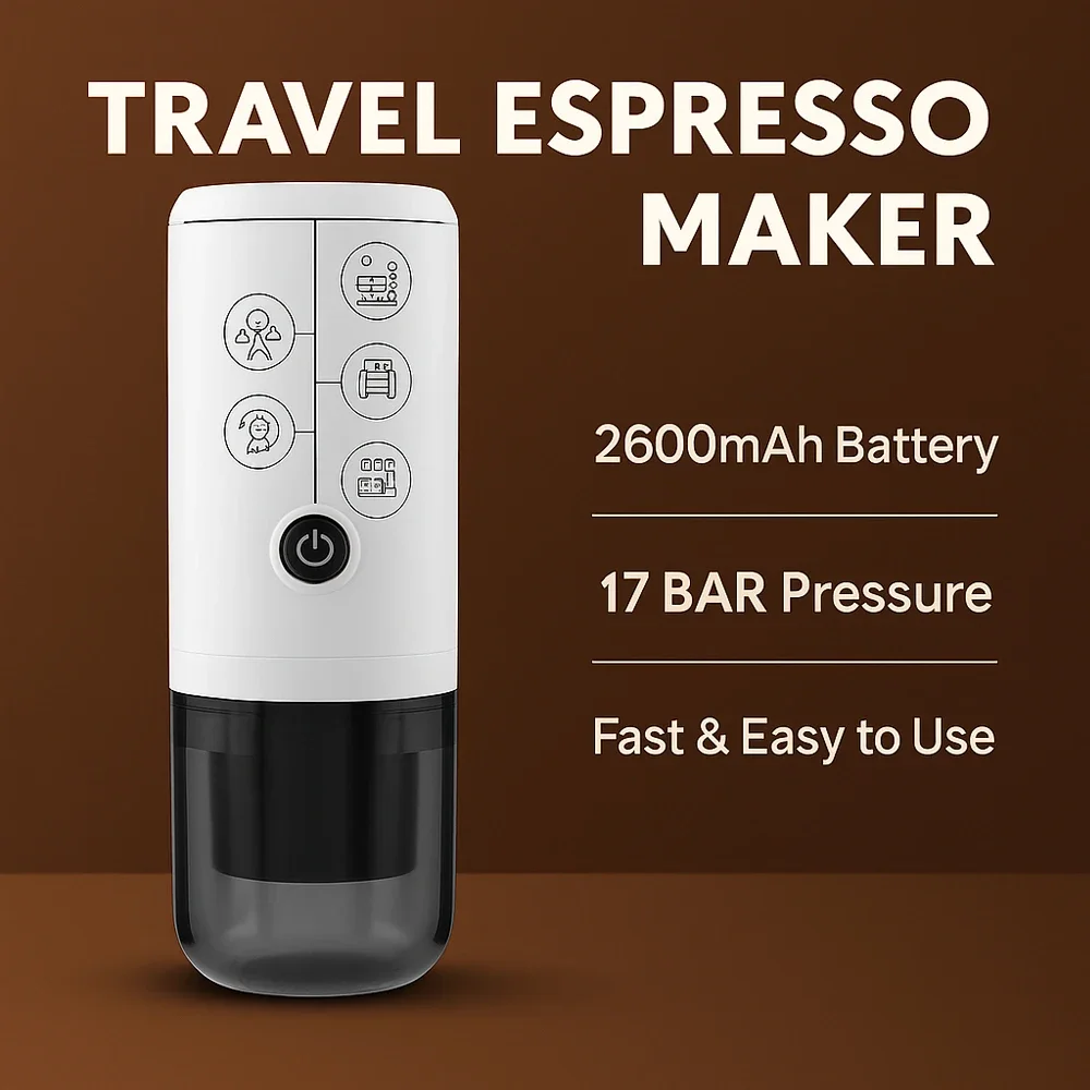 

New Portable USB Rechargeable Espresso Coffee Maker 17Bar Pressure for Travel Outdoor Car Compatible with Capsules/Ground Coffee
