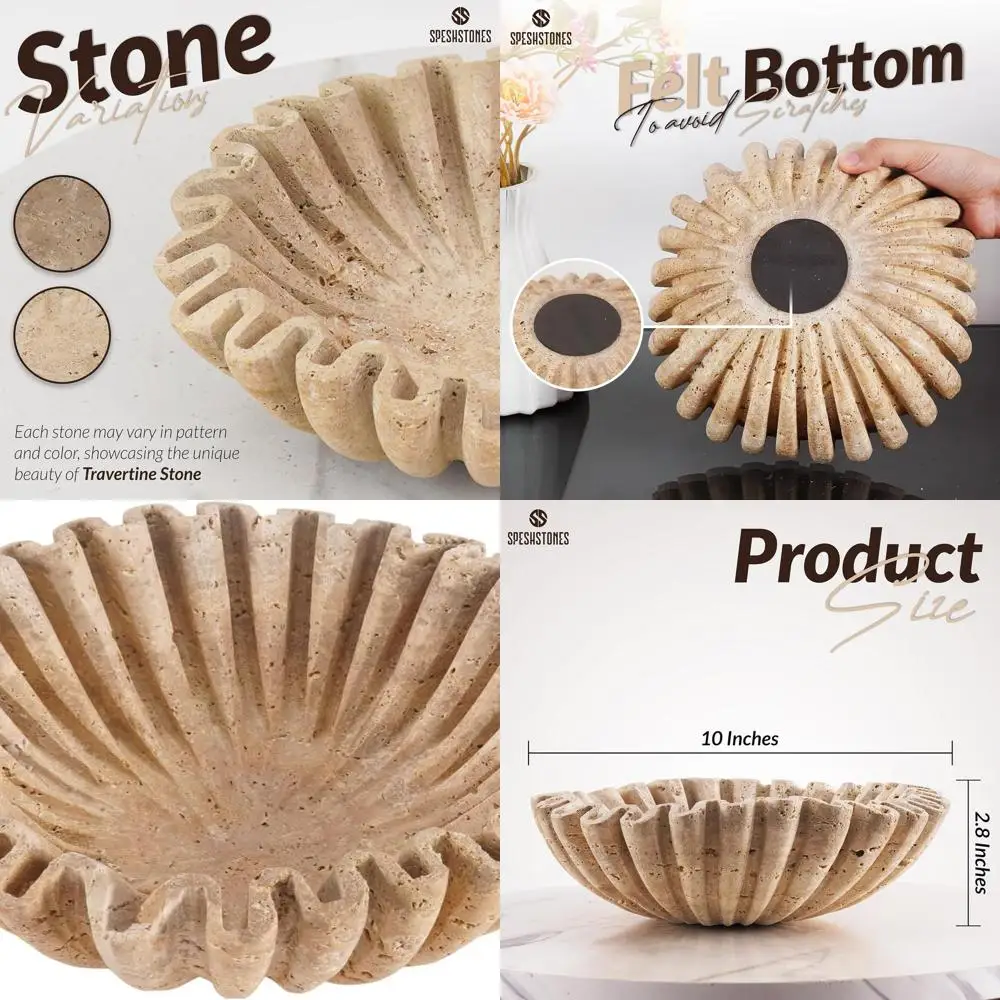 

10 Handcrafted Travertine Fruit Bowl - Large Ruffled & Scalloped Decor for Kitchen, Dining, and Home Accents