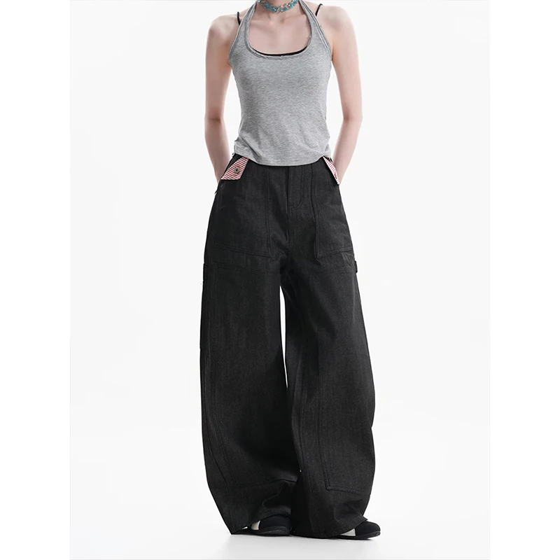 American Retro Striped Patchwork Denim Original Cowboys Loose Fit A-Line Workwear Pants for Women's Casual Youth Fashion