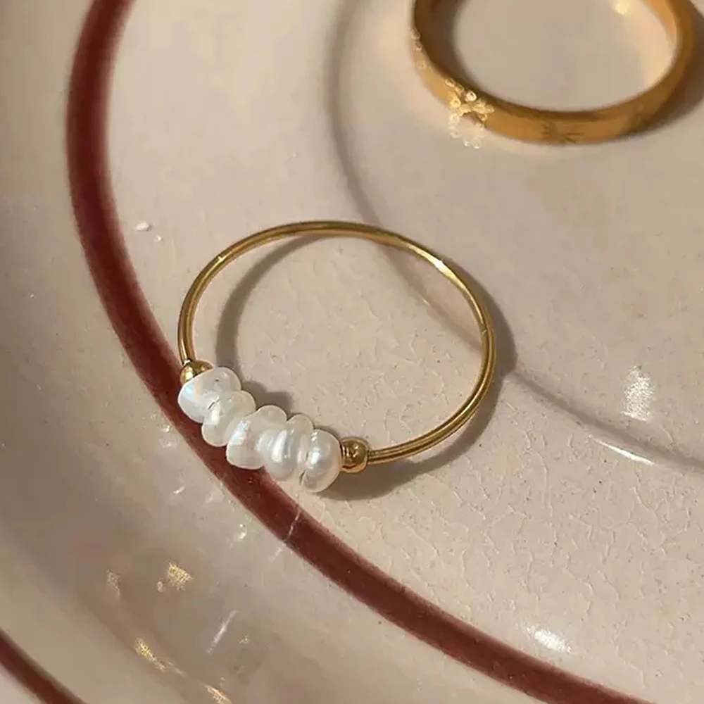 Hypoallergenic Stainless Steel Pearl Ring, Waterproof Dainty Freshwater Pearl Band Minimalist Everyday Jewelry Gift for Her