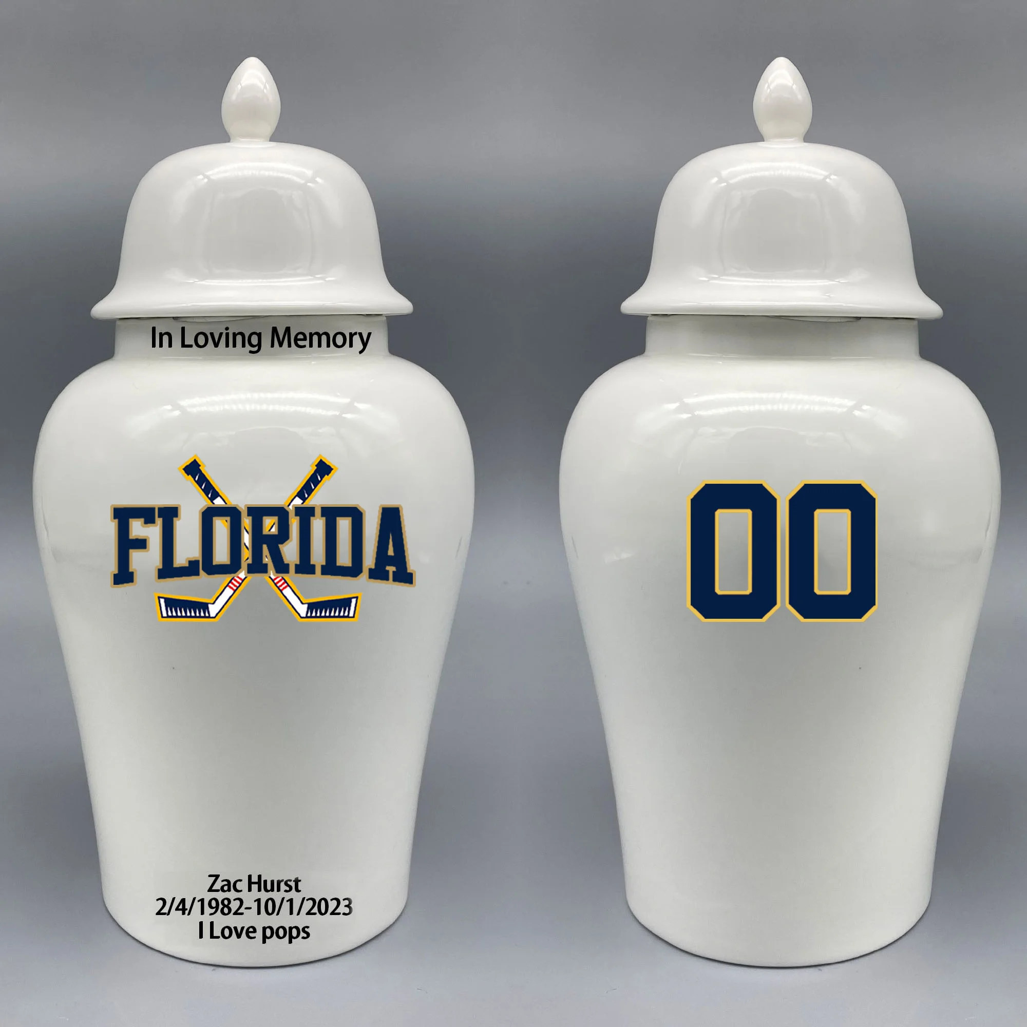 Large Urn for Florida Panthers-themed Hockey Urn.Please send me the customize information-name/date and number on the urn