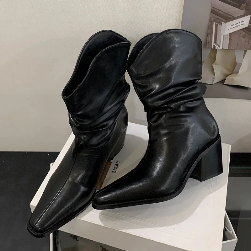 

Aneikeh модные дизайнерские плиссированные женские ботильоны на квадратном низком каблуке, лаконичные весенне-осенние вечерние модельные женские туфли