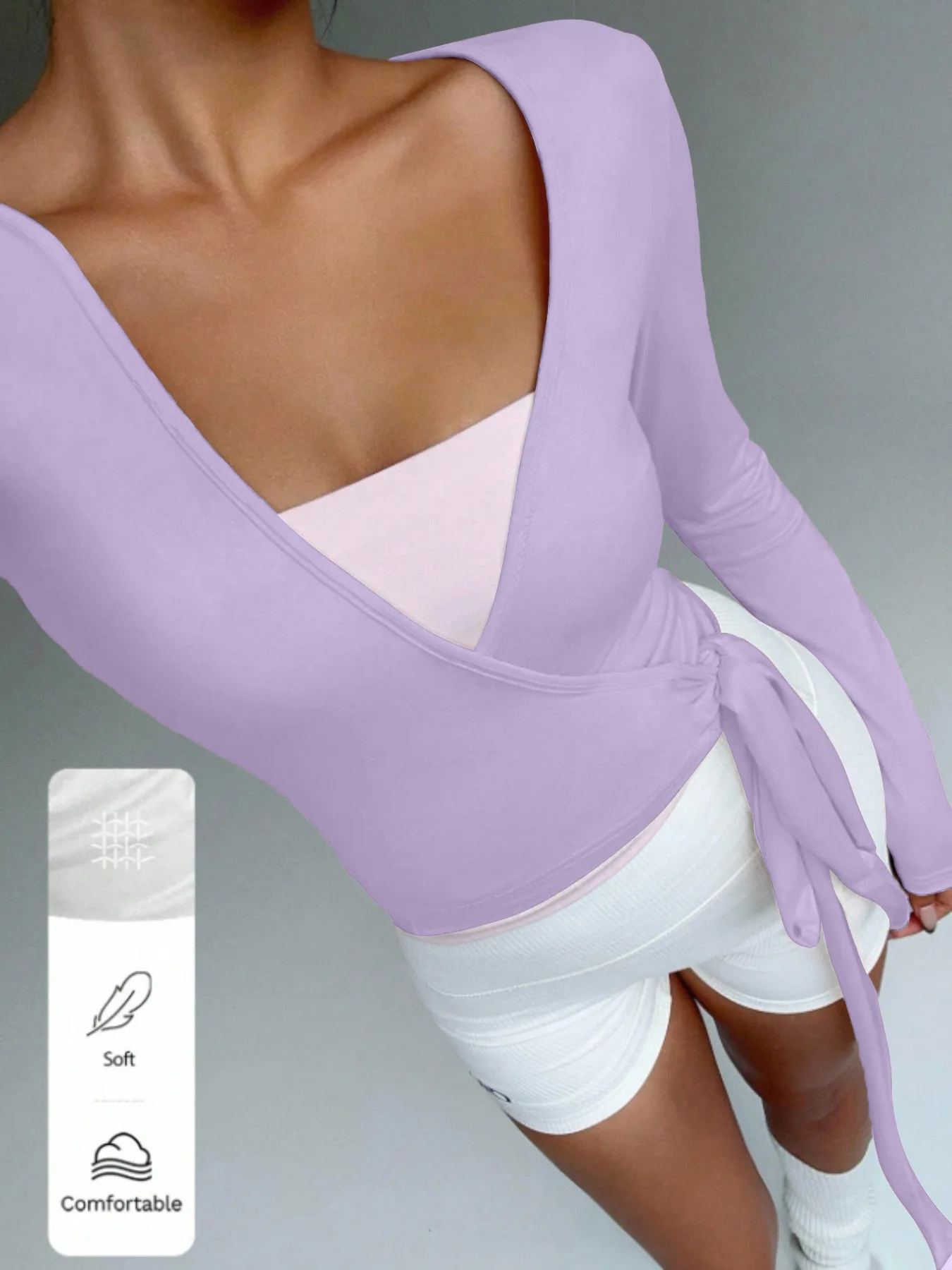 Women Cross Wrap Tie Crop Top, Long Sleeve Deep V Neck Solid Color Slim Fit Yoga Shirt for Pilates Gym Workout Activewear