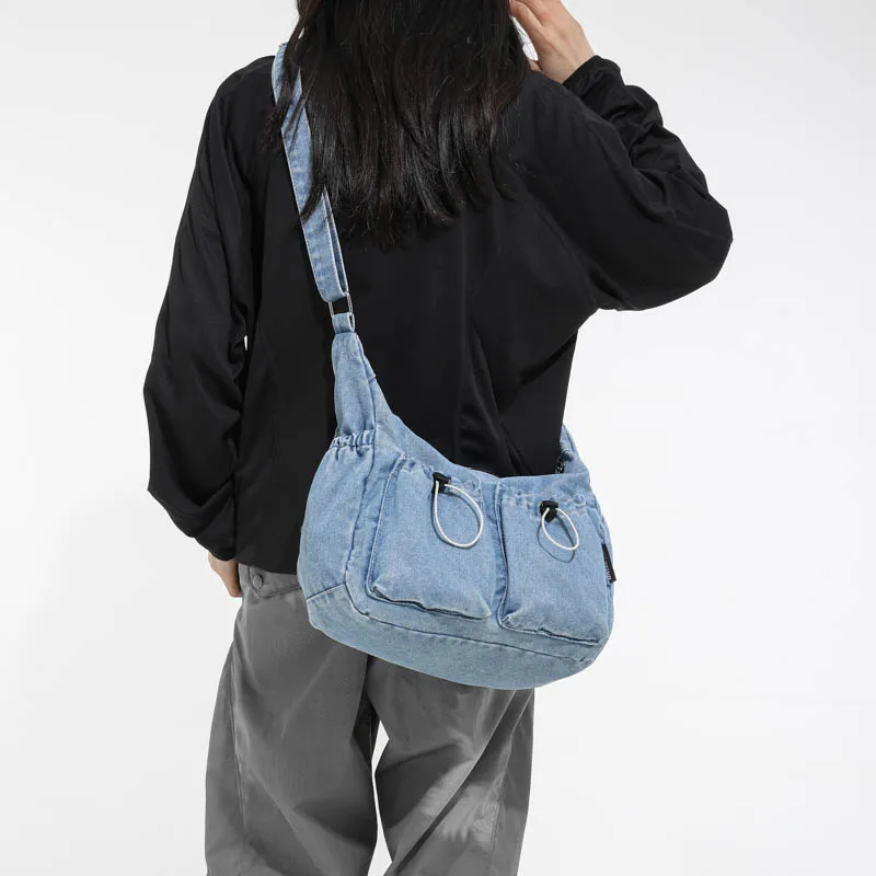 

Джинсовая женская сумка Студенческая сумка через плечо Джинсовая сумка-мессенджер Y2K Эко-сумка в стиле ретро Корейский покупатель Ковбойская сумка с карманом на шнурке Ins