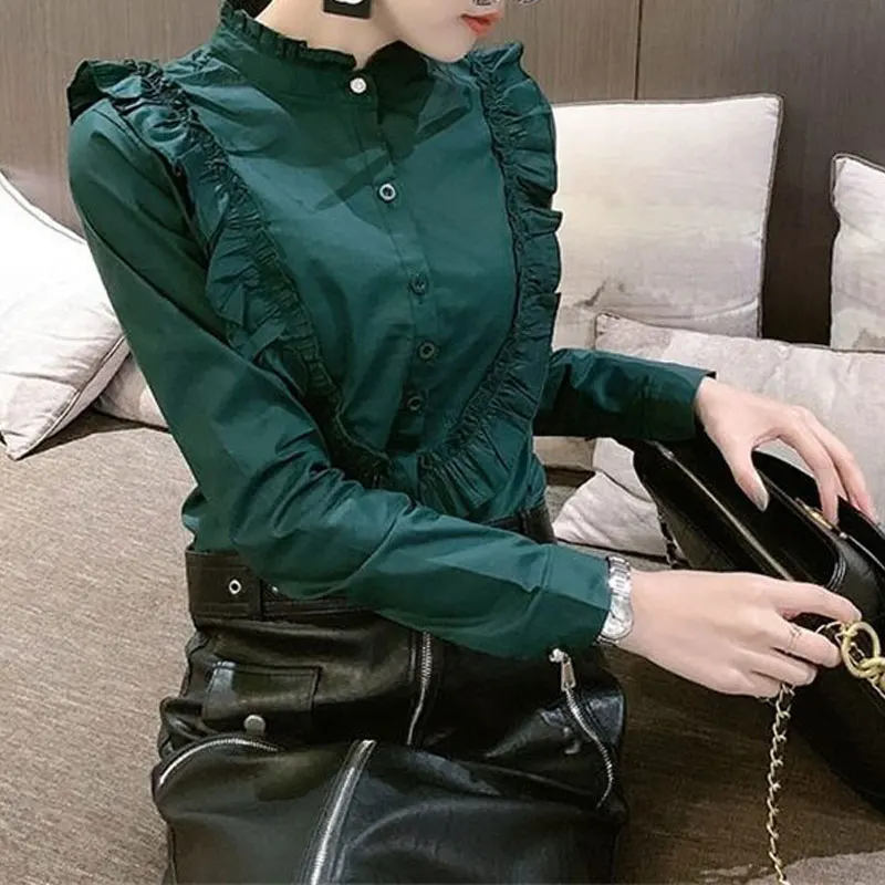 Female Commute Solid Color All-match Shirring Shirt Elegant Ruffles Spliced Spring Autumn Stand Collar Single-breasted Blouse