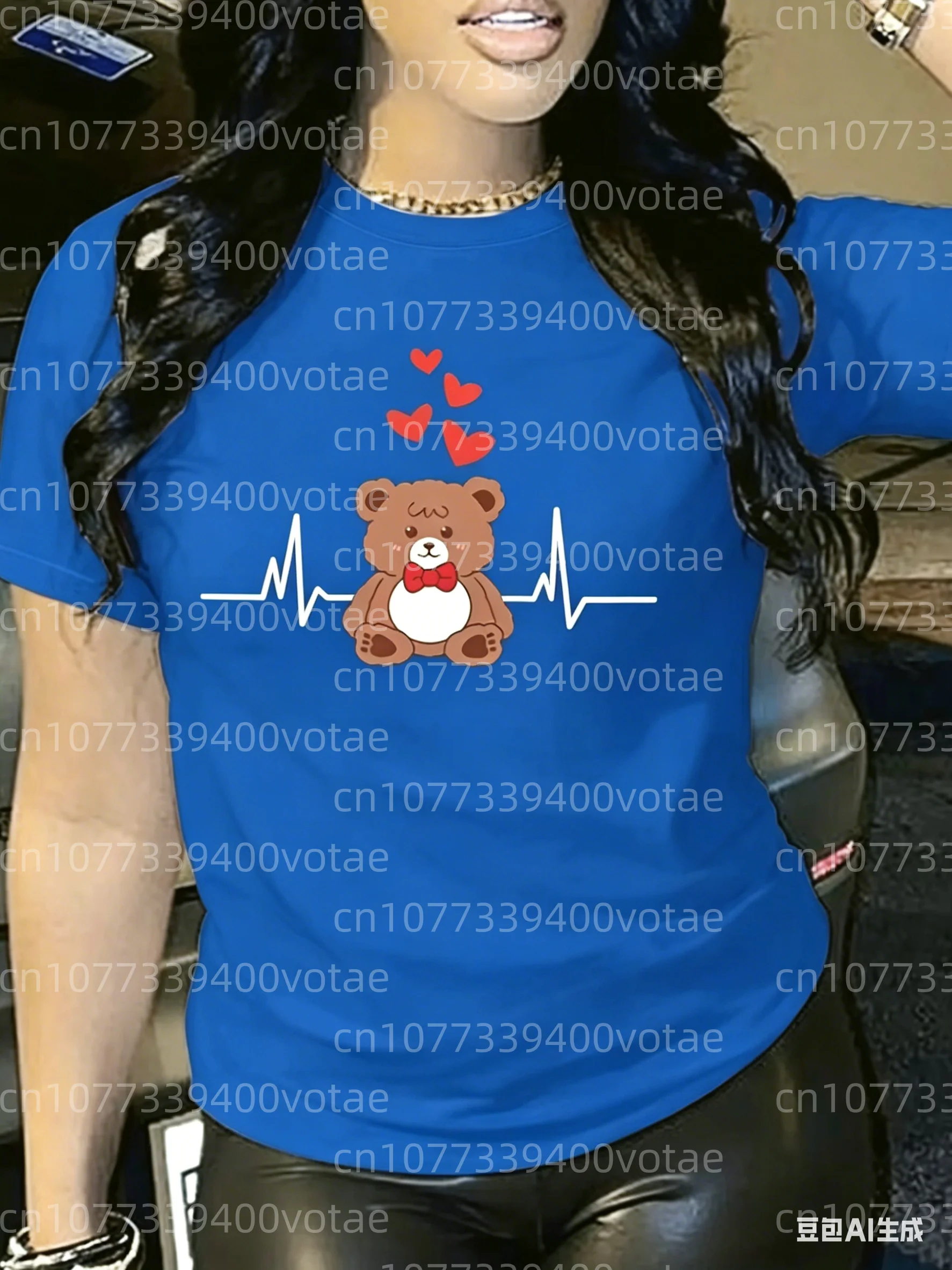 

Футболки больших размеров с принтом в виде сердцебиения медвежонка, летние, высококачественные, с короткими рукавами, повседневные, спортивные, пуловеры