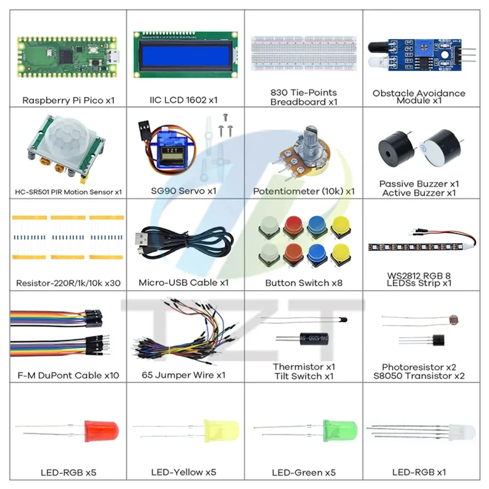 Para raspberry pi pico rp2040 starter kit lcd1602 módulo de exibição aprendizagem suíte sensor pir placa de ensaio 9g servo eletrônico kit diy