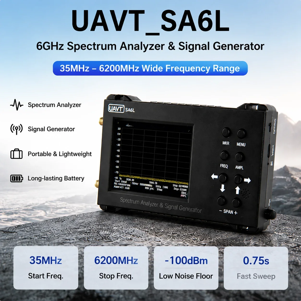 UAVt-SA6L Spectrum Analyzer Portable and Signal Source Generator 35M-6.2GHz 35- 6200MHz 2-in-1 RF Tester