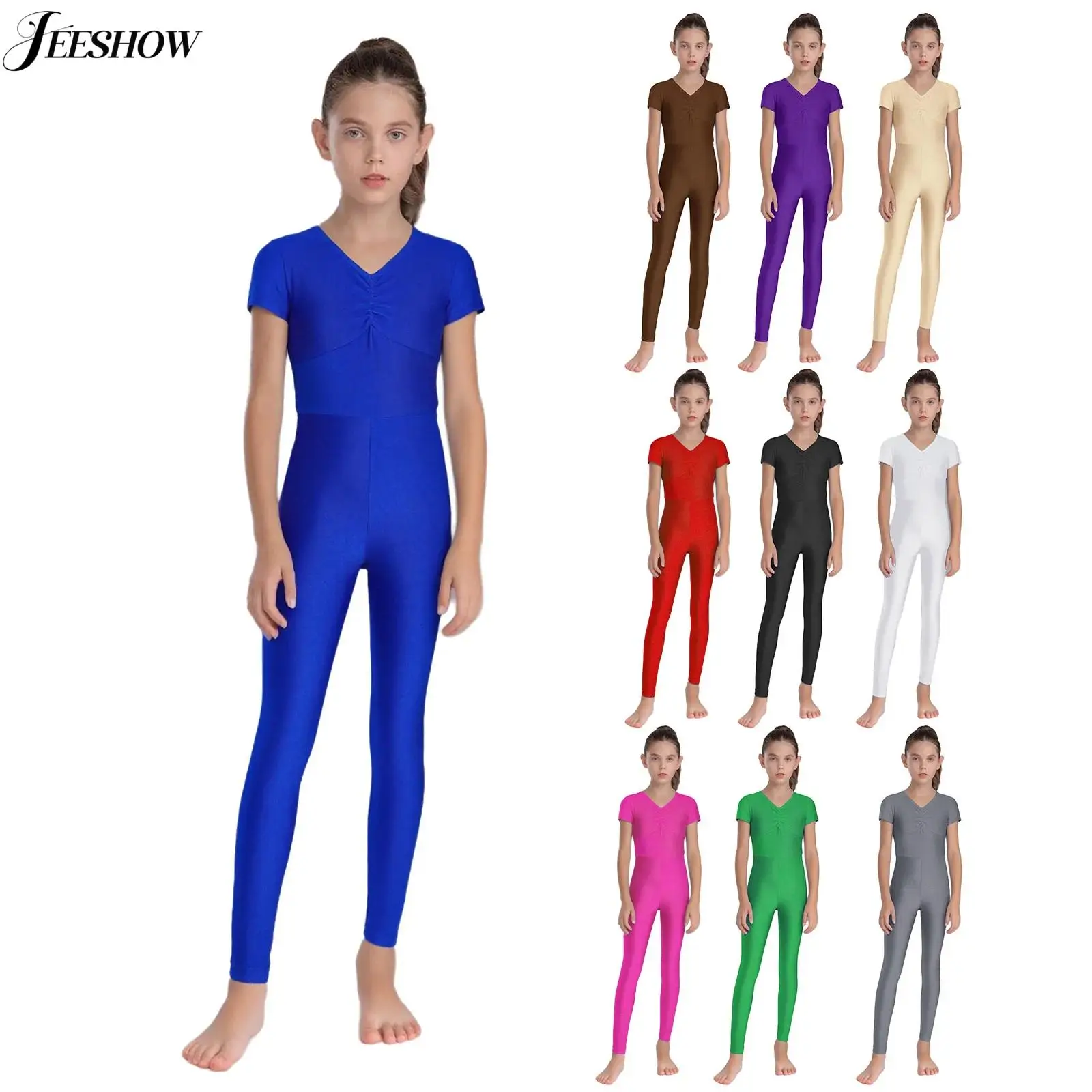 Kids Girls Gymnastics Dance Unitard Solid Color Ruched Front V Neck Short Sleeve Full Length Leotard Dance Competition Dancewear
