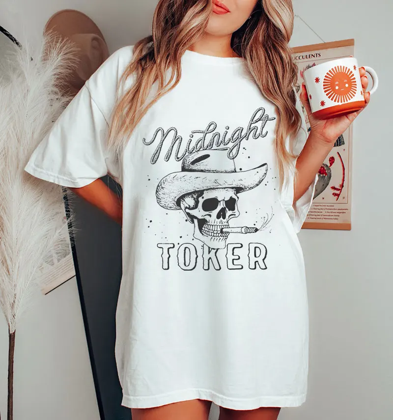 Midnight Toker Tee Cowboy Skeleton T-shirts Country Music Tee Shirts Oversized Concert T-shirts Fashion Casual Oversized Tshirt