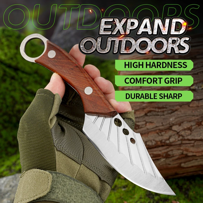 Outdoor knife portable ring knife knife hand knife meat knife camping with hammering pattern forging knife