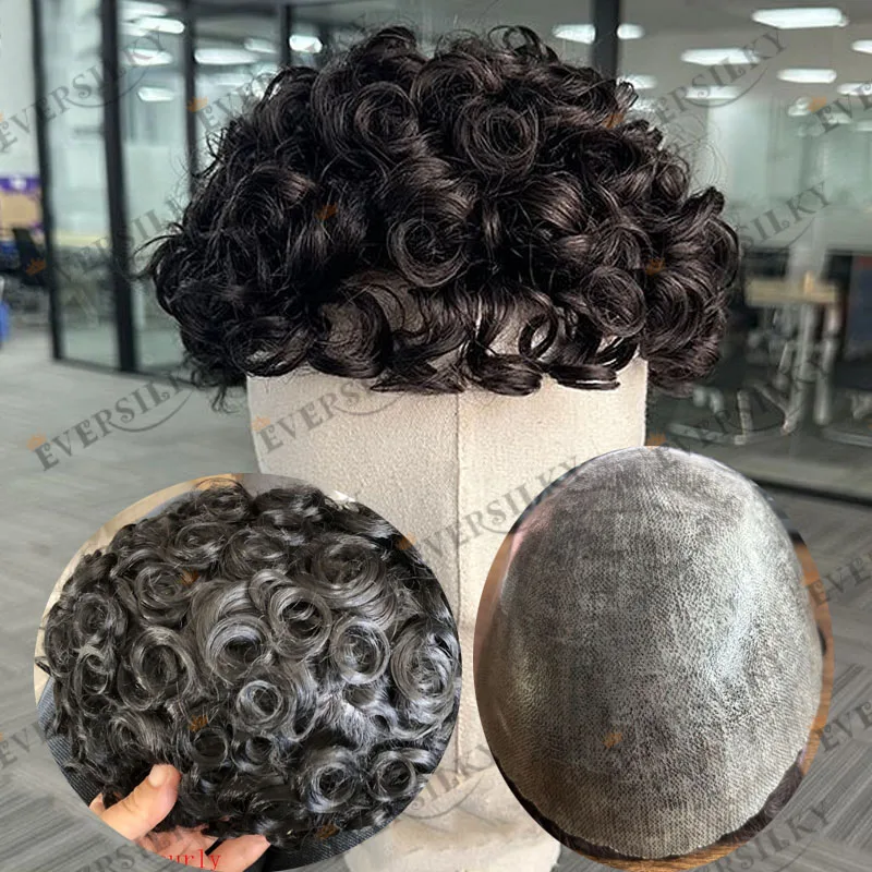 Herren-Toupet, 25 mm, gelockt, unsichtbar, 0,1 mm Mikrohaut, injizierbares PU, Echthaar, Haarersatz, natürlicher Haaransatz, Grau, Schwarz, Braun – Detail 1