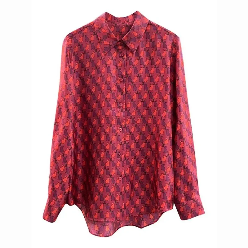 

Женская красная рубашка на пуговицах с длинными рукавами и принтом кота, свободный повседневный топ