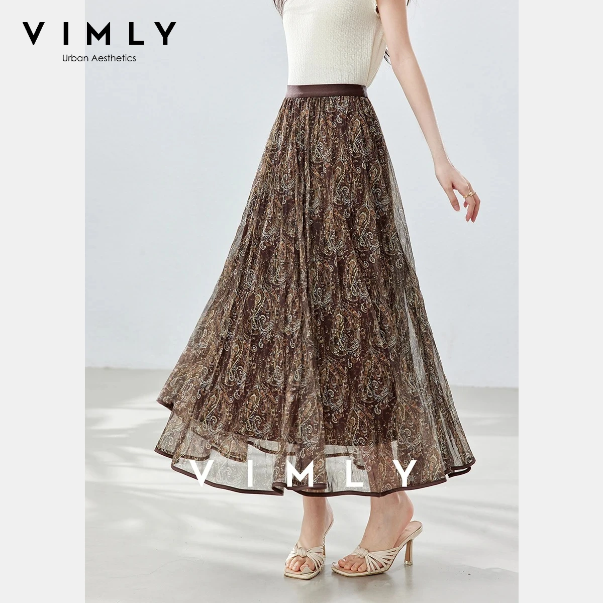

VIMLY Fashion Vintage Floral Print Long Skirt Women 2026 Summer New Double Layer Mesh Elastic Waist A-Line Flared Skirt 30991