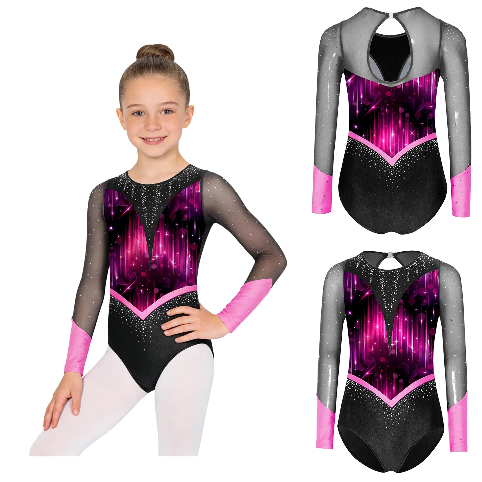 

Kids Girls Gymnastics Jazz Leotards Sparkly Rhinestones Patchwork Long Sleeve Back Cutout Printed Ballet Dance Bodysuit Jumpsuit