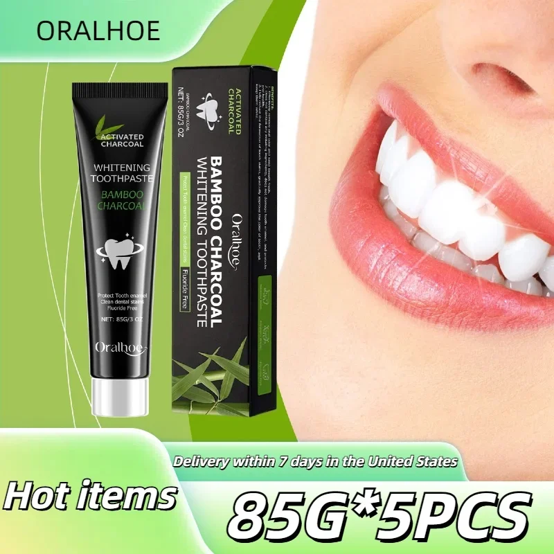 5 pçs carvão de bambu dente profundo amarelecimento creme dental limpa manchas, tártaro, remove mau hálito, ilumina cuidados orais 85g