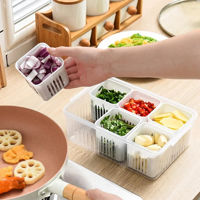 4/6 Grid Food Vegetable Fruit Storage Box Refrigerator Plastic Container Kitchen Preservation Jar Fridge Organizer Basket