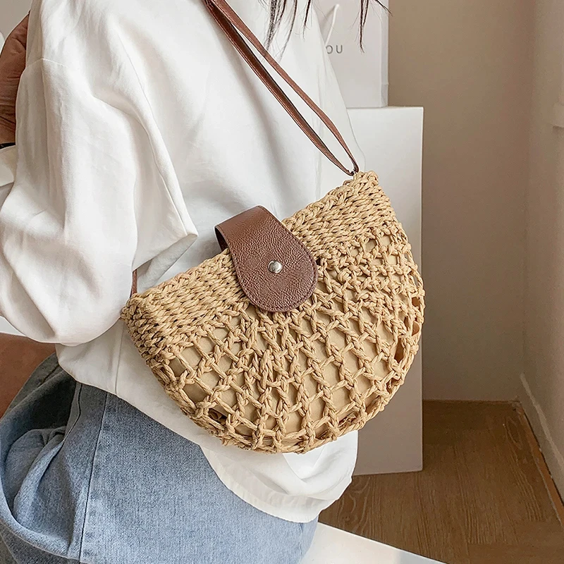 JIOMAY Summer Straw Bag 2024 Women Fashion Designer Handbags Lady Solid Color Weave Beach Shoulder Bag Hollow Out Half Round Bag