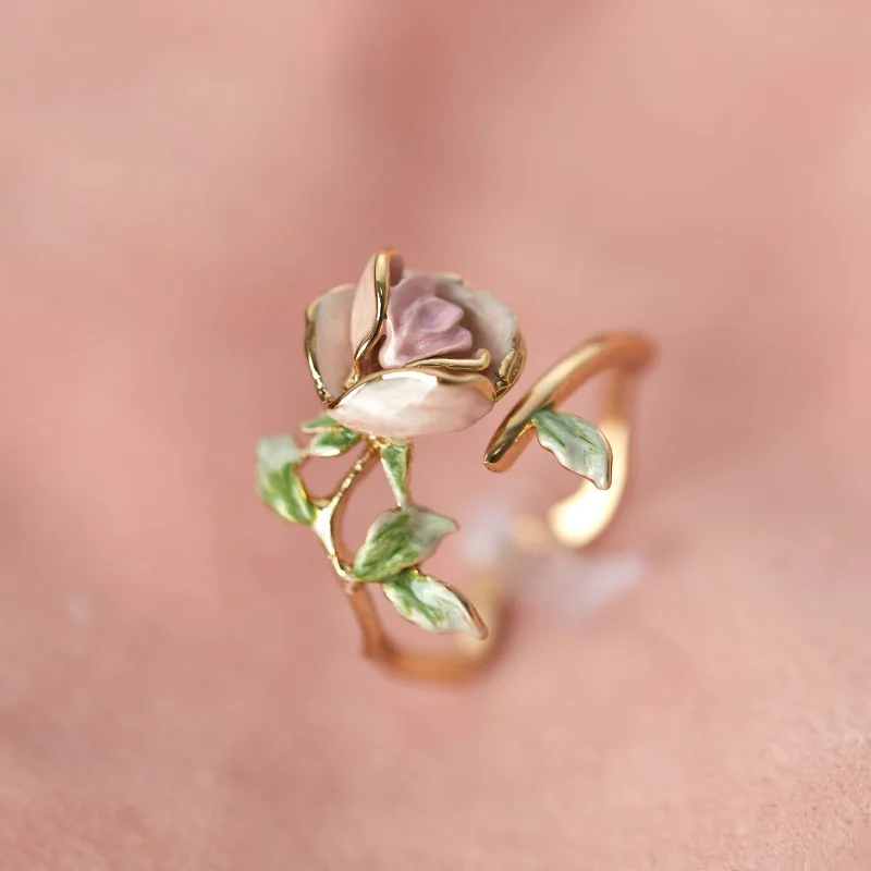 

Spring Summer New in Sweet Gentle Pink Rose Vintage Fine Enamel Drop Glaze Brass Gold Plated Opening Ring for Girls Women Gifts