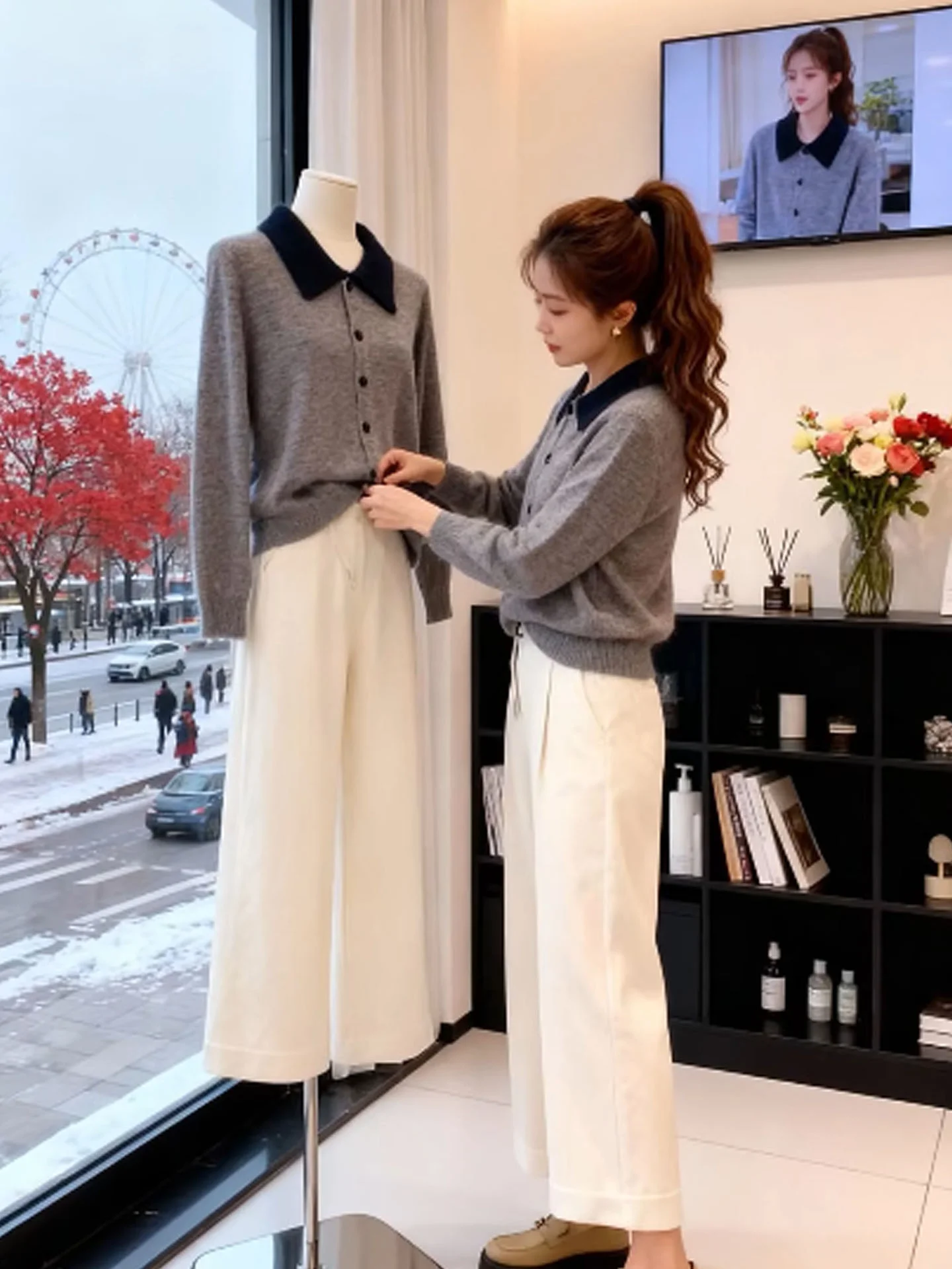 

Stylish Contrast Color Collar Long Sleeve Knitwear Winter Soft Comfortable Single Buttoned Sweater Korean Style Loose Fit Kni...