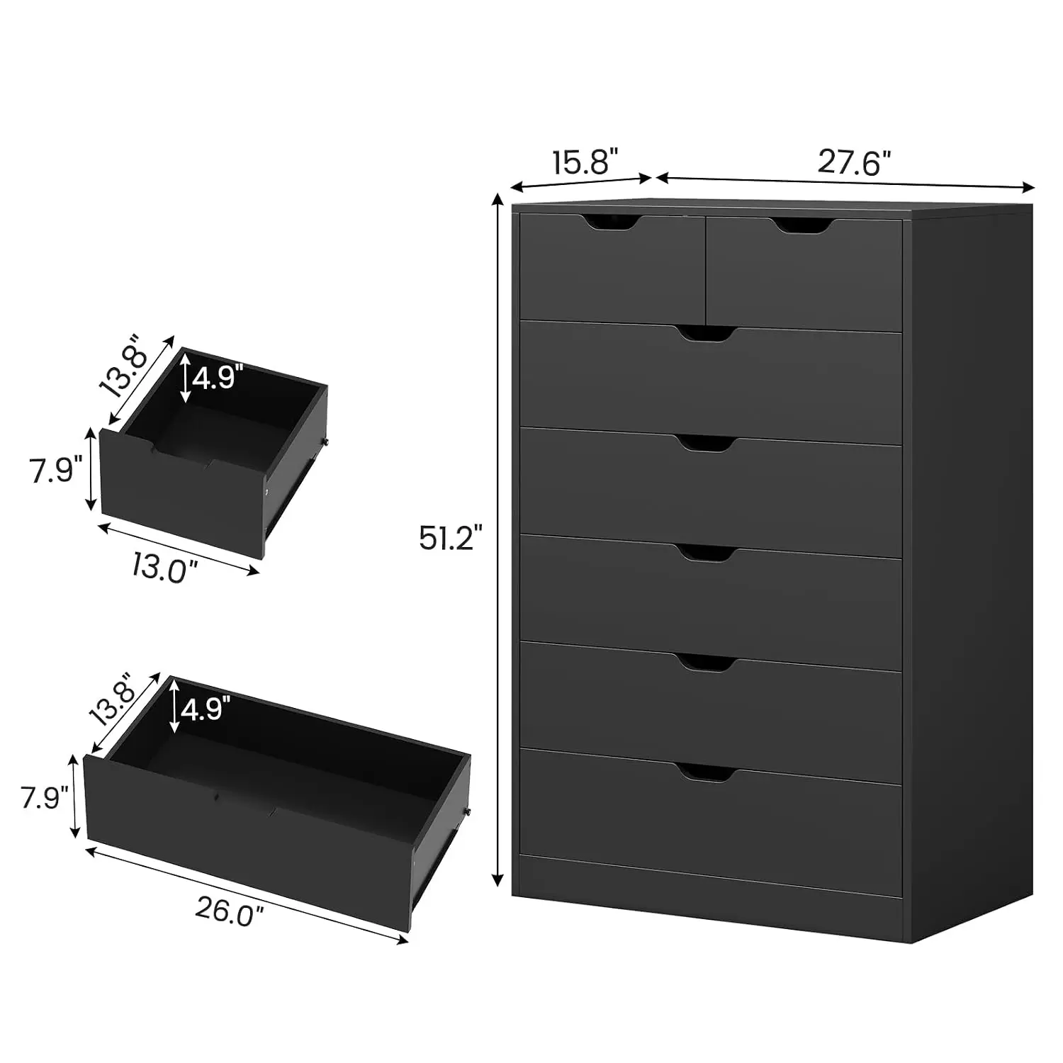 Tall 7 Drawer Dresser, Black Modern Chest of Drawers
