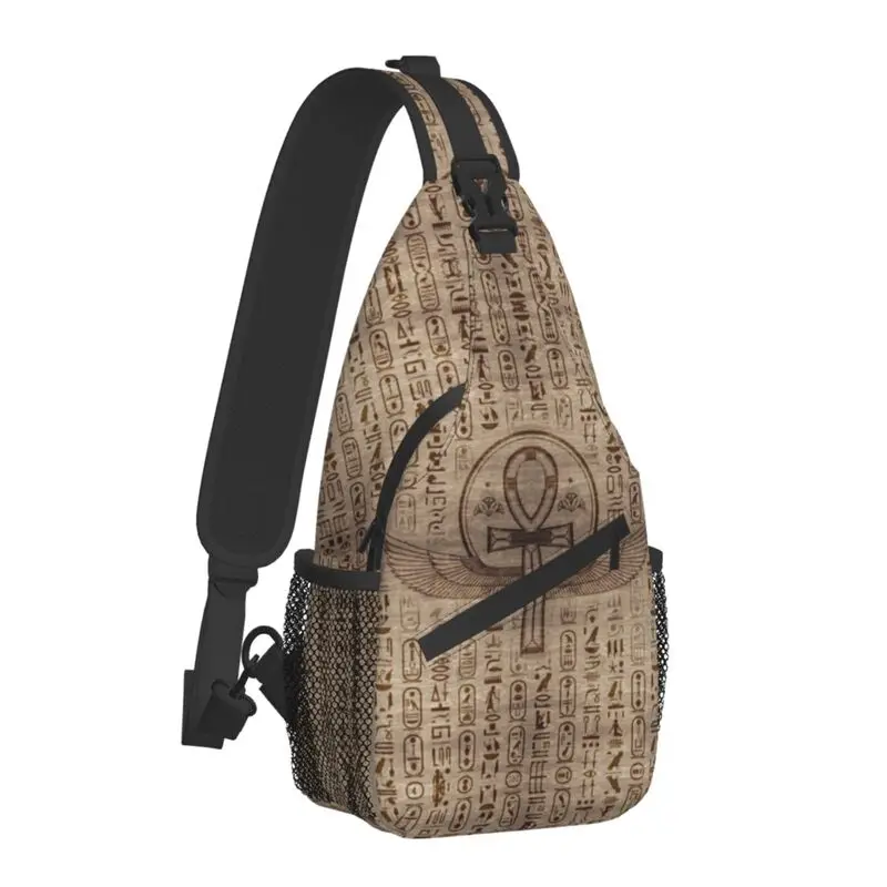 Ancient Egypt Cross Ankh Sling Chest Bag Custom Egyptian Hieroglyphics Crossbody Shoulder Backpack for Men Travel Hiking Daypack