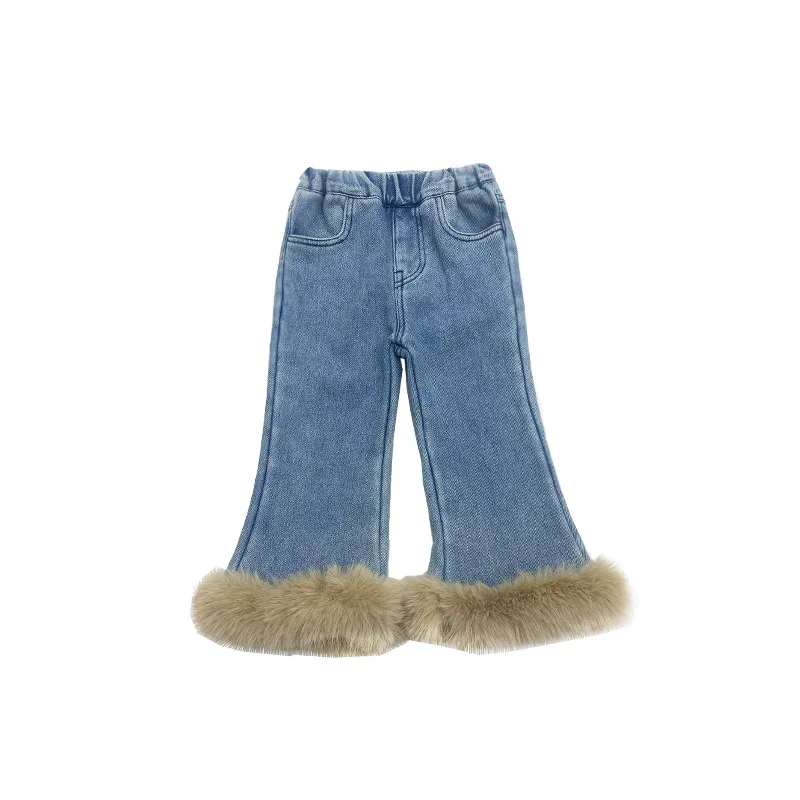 Fashion Children\'s Thickened Jeans 2023 New Winter Girl\'s High Quality Faux Fur Plush Flare Pants Warm Casual Street Wear