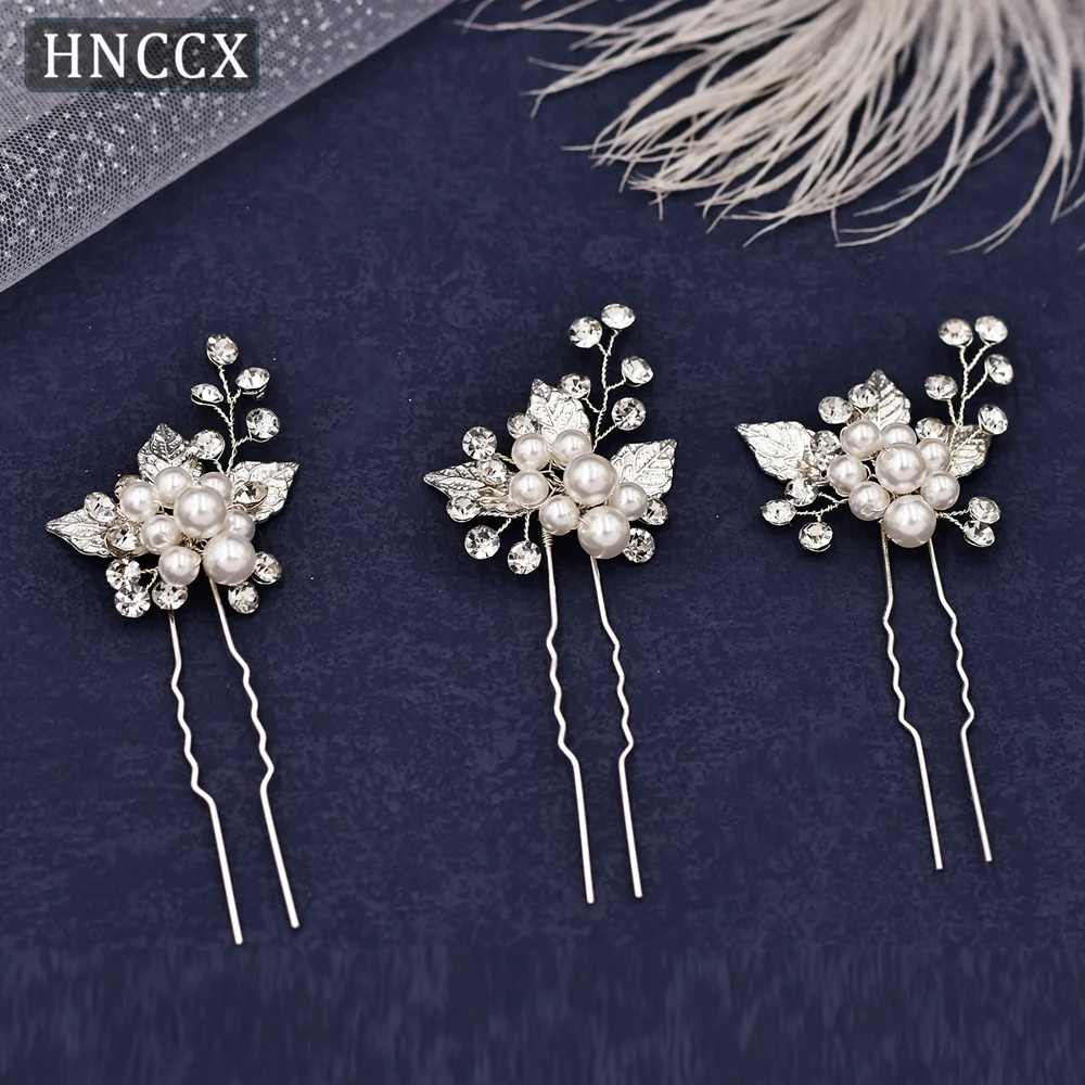 HNCCX Pearls Flower Hair Forks for Bridal Handmade Alloy Leaves Bridal Hair Accessories Wedding Three in One Setting Gift CP133