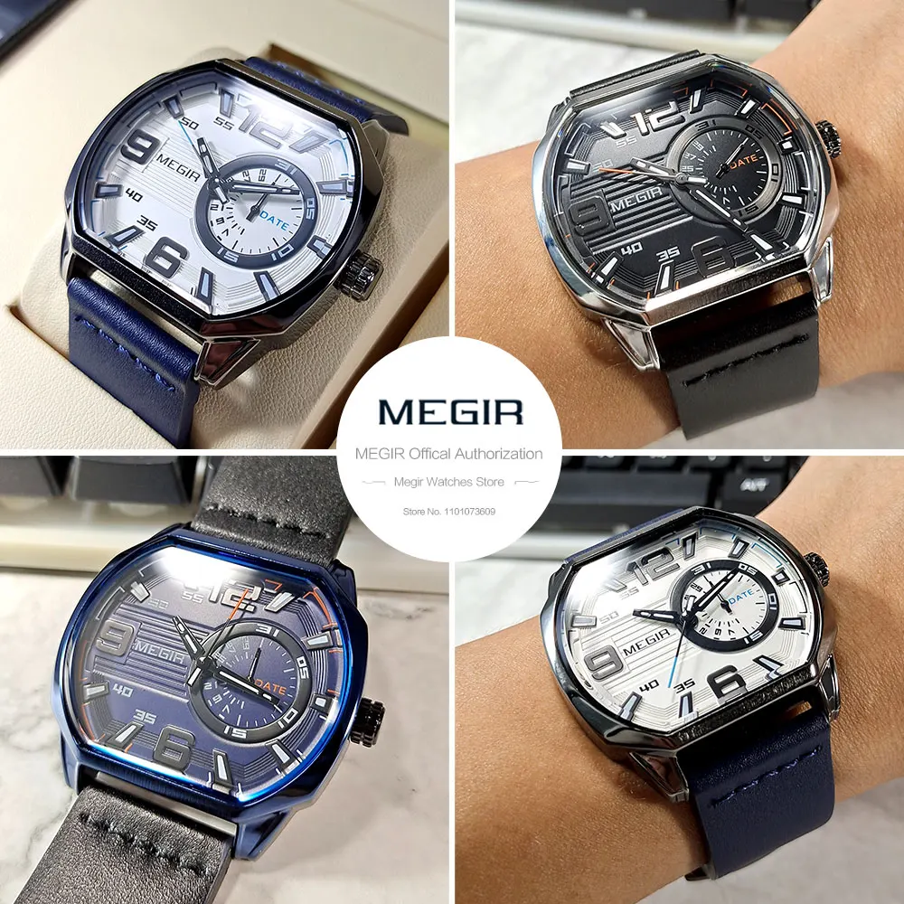 MEGIR Sport Watches for Men Fashion Octagon Dial Quartz Watch with Auto Date Leather Strap Luminous Wristwatch часы Silver black