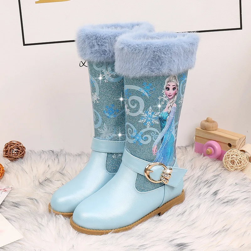 

Disney Girls' Leather Boots Winter Cartoon Frozen Boots Zipper High Plush Princess Elsa Boots Warm Children's Boots Size 25-36