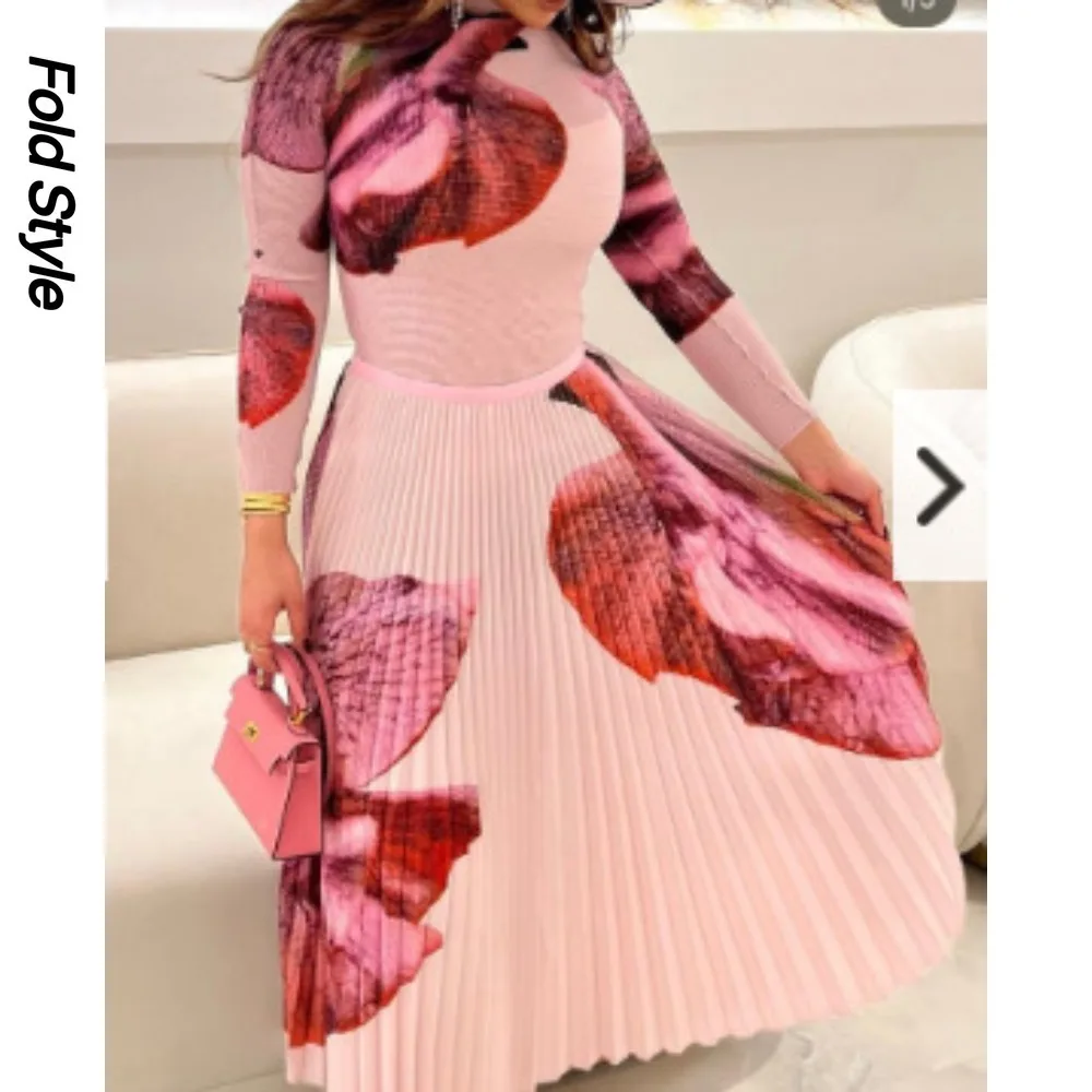 Long Sleeve Pleated Corn Kernel Suit 2024 Summer New Pleated Long Sleeve T+skirt Two-piece Long Middle East