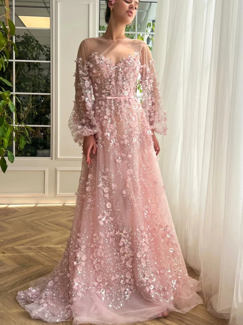 Shiny Blush Pink Delicate Evening Dress Luxurious A Line Party Lace Prom Gown Women Elegant Floral Customized Cocktail Wear