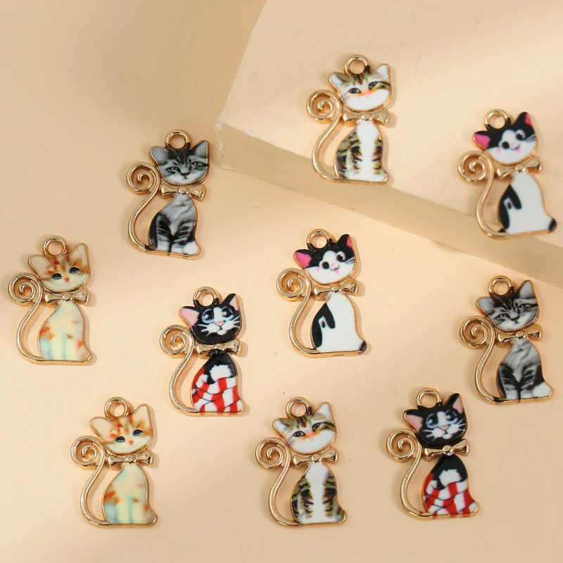 10pcs/lot Mixed Cute Cat Charms Enamel Alloy Animal Pendant DIY Neckalces Earrings for Jewelry Making Accessories