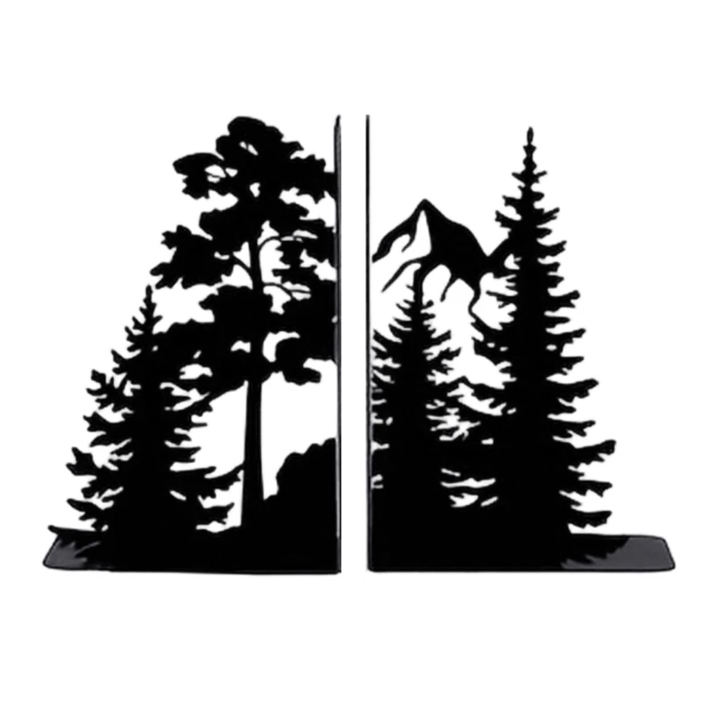 31BA Matte Black Iron Book Supports with Openwork Forest Tree Cutouts
