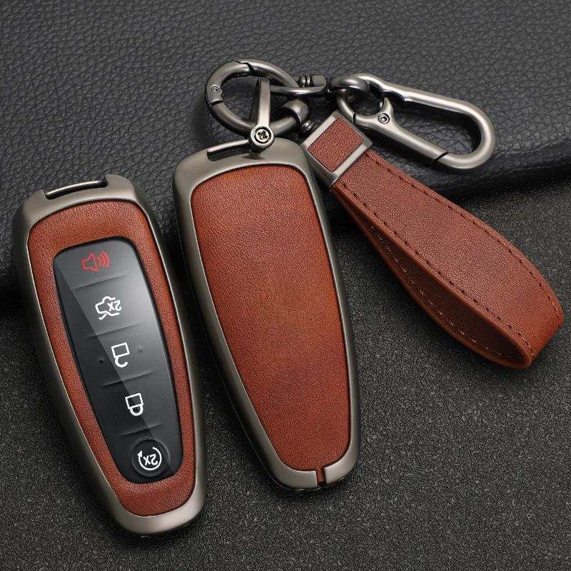 Zinc Alloy + Leather Car Key Case Cover for Ford Edge Explorer Escape Focus Taurus Flex Lincoln Navigator 5 Buttons Remote Key