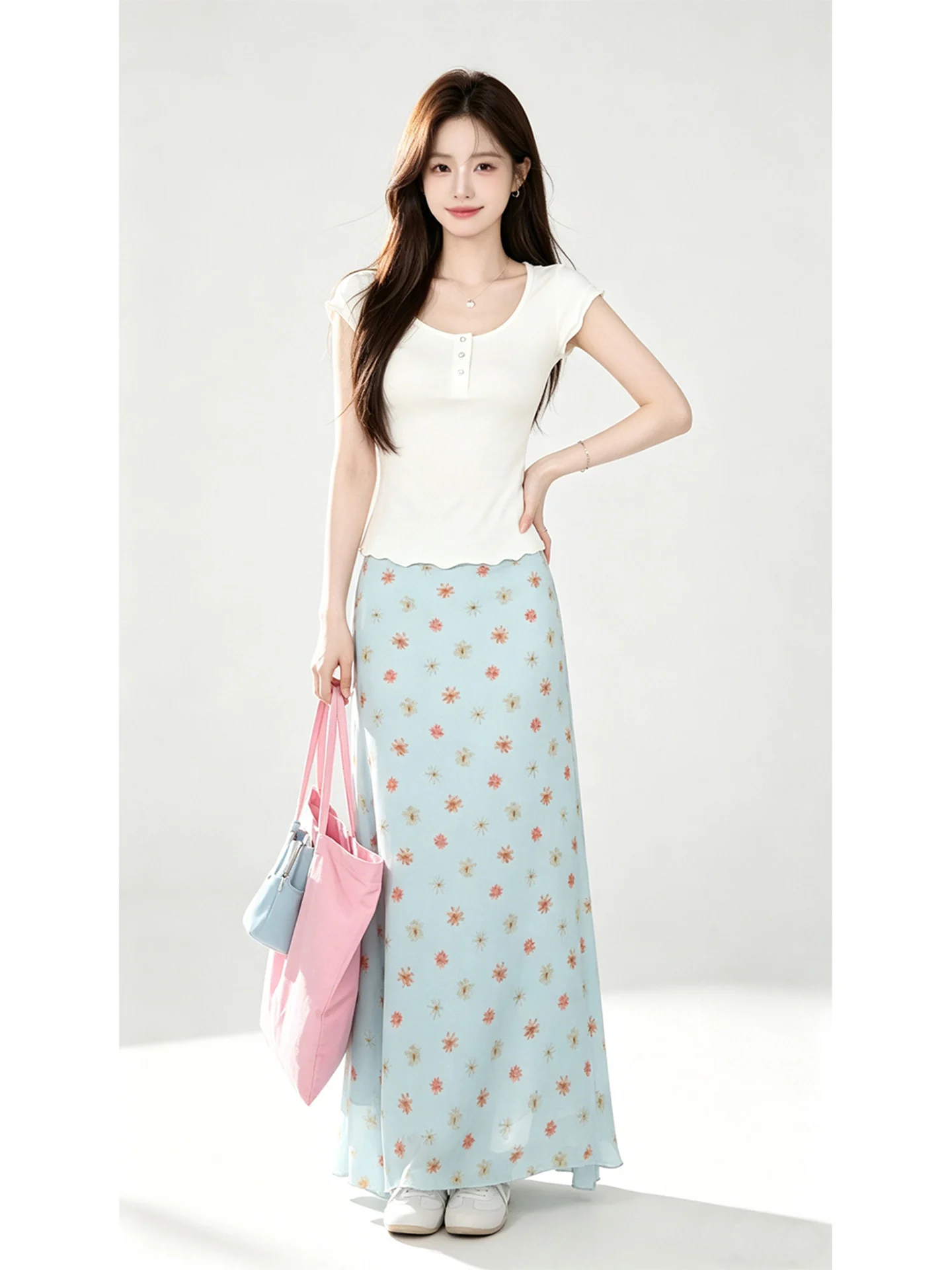 Korean Style Gentle Floral Half Skirt Women's Summer New Super Beautiful A-Line Fish Tail Design Long Skirt Casual High Waist...