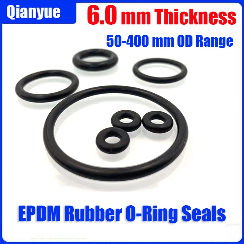 EPDM Rubber O-Ring Seals 6mm Wire Diameter x 50-400mm OD, High Resistance to Oil/Acid/Ozone, for Industrial Plumbing/Automotive