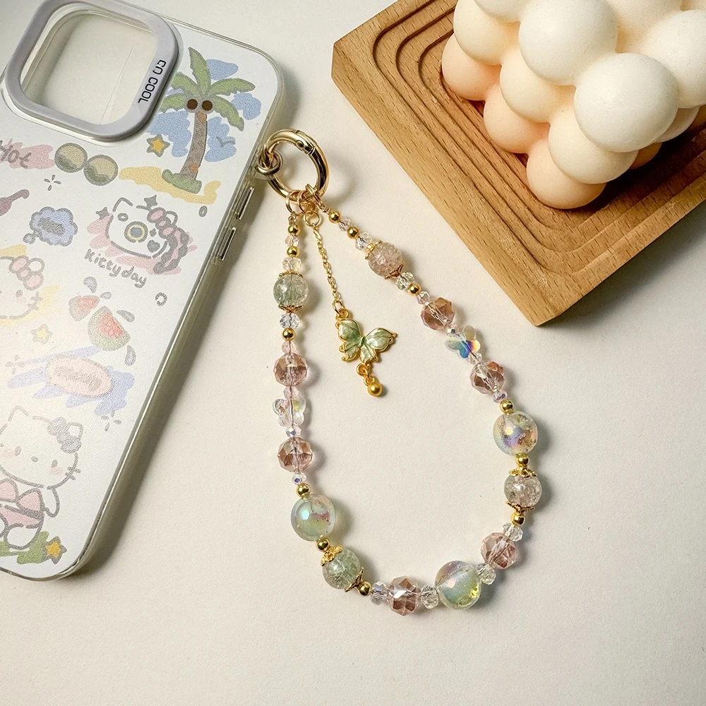 

Elegant Crystal Beaded Phone Strap Gold Butterfly Pendant Keychain Luxury Aurora Beads Phone Chain Anti-lost Bag Charm Jewelry